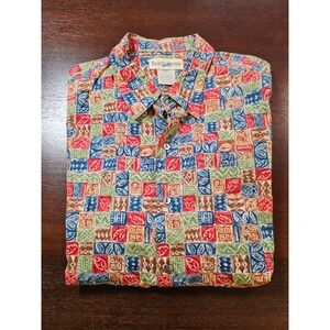 TravelSmith Mens Large Cotton Lawn Tribal Geometric Block Print Button Shirt